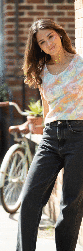 20 Cute Skate Outfit Ideas for Girls 14 Floral Top and Straight Jeans