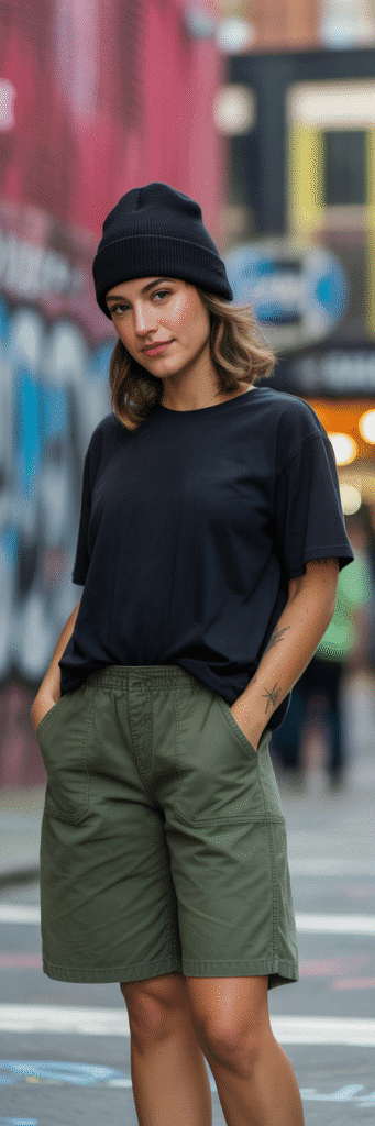 20 Cute Skate Outfit Ideas for Girls 18 Skater Beanie and Cargo Shorts