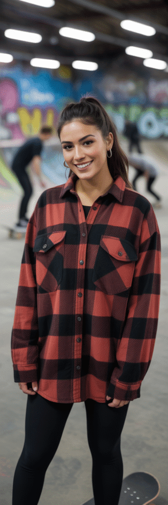 20 Cute Skate Outfit Ideas for Girls 4 Oversized Flannel and Leggings