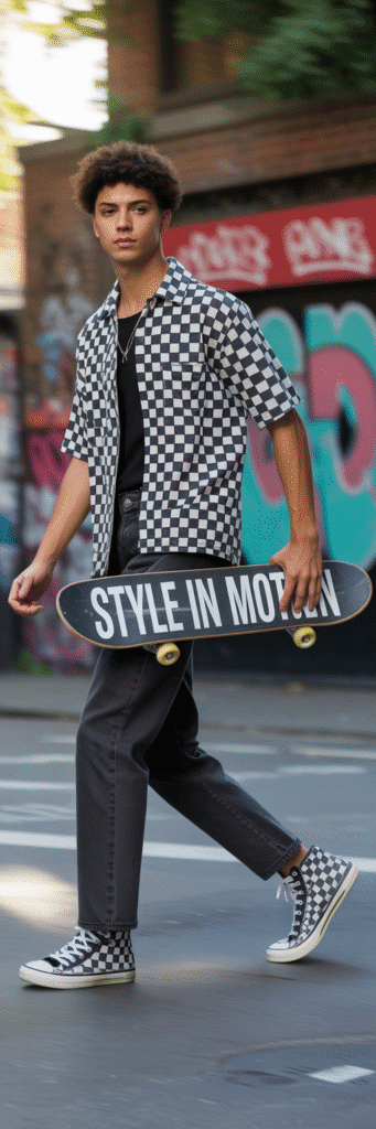 20 Skateboard Outfit Ideas for Boys 19 Checkerboard Patterned Shirt and Jeans