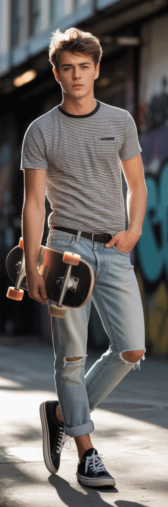 20 Skateboard Outfit Ideas for Boys 18 Striped Tee with Cuffed Jeans
