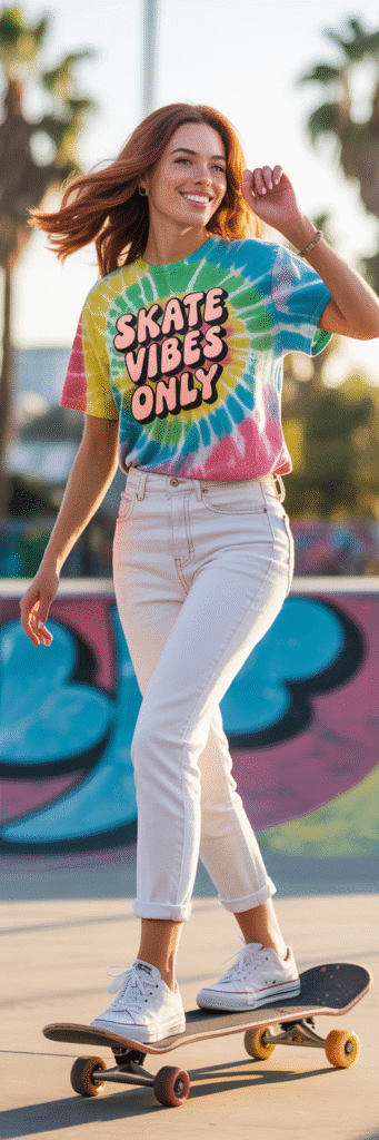 20 Cool Skate Park Outfit Ideas You’ll Love 16 Tie-Dye Tee and White Jeans