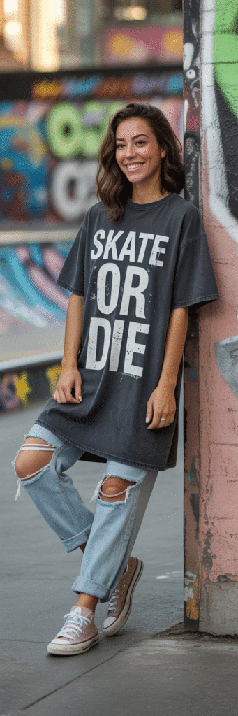 20 Skate Outfit Ideas to Inspire Your Next Look 15 Longline Tee and Ripped Jeans