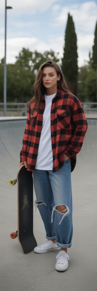 20 Cool Skate Park Outfit Ideas You’ll Love 10 Flannel Shirt and Distressed Jeans