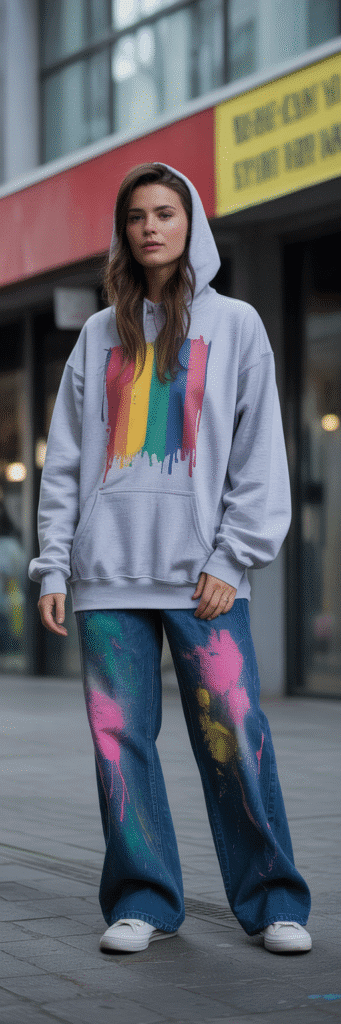 20 Creative Outfit Ideas with Skate Jeans 16 Graphic Hoodie and Paint-Splatter Skate Jeans