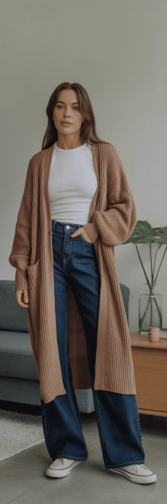 20 Creative Outfit Ideas with Skate Jeans 18 Longline Cardigan and Dark-Wash Skate Jeans