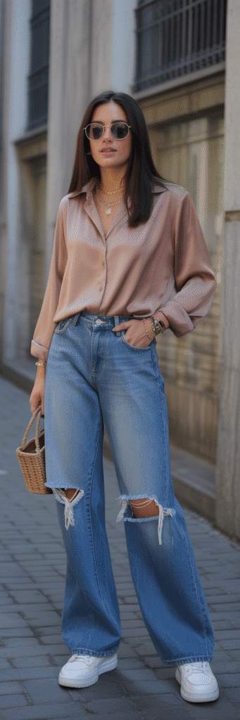 20 Creative Outfit Ideas with Skate Jeans 17 Satin Blouse and Distressed Skate Jeans
