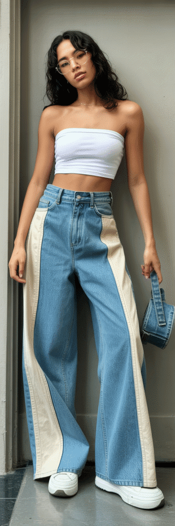 20 Creative Outfit Ideas with Skate Jeans 19 Tube Top and Side-Stripe Skate Jeans