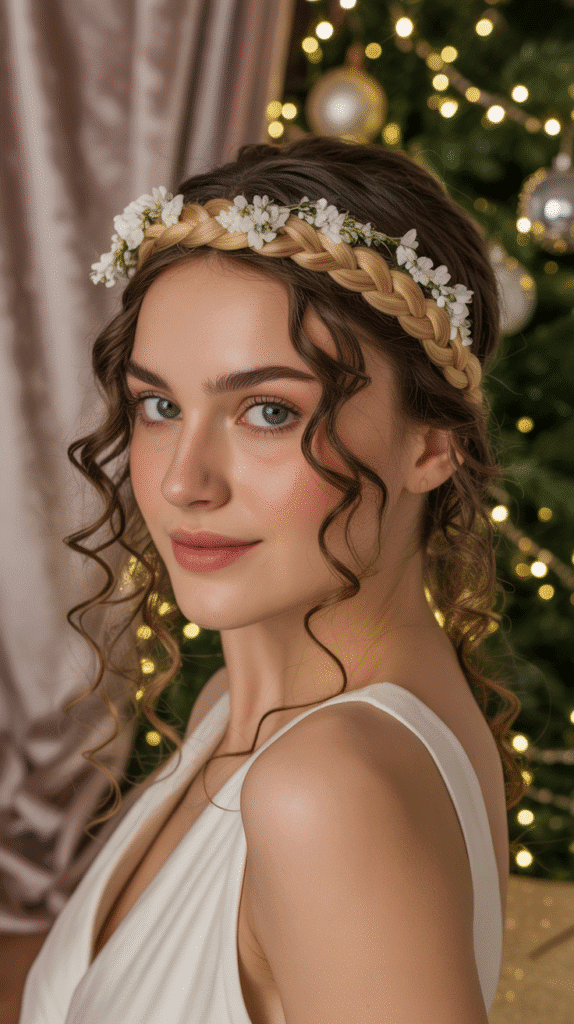 27 Easy Christmas Hairstyles with Braids for a Creative Holiday Look 12 Braided Headband with Loose Curls