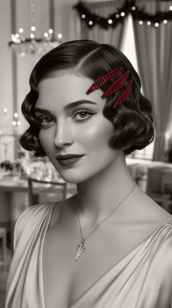 30 Latest Christmas Hairstyles for Short Hair That Are Quick and Chic 13 Finger Waves with Red Accents