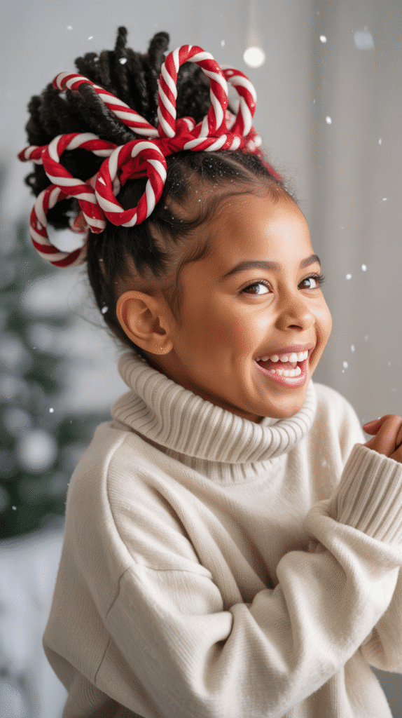 33 Trendy Christmas Hairstyles for Black Kids That Spark Joy 3 Twisted Ponytail with Holiday Ribbons