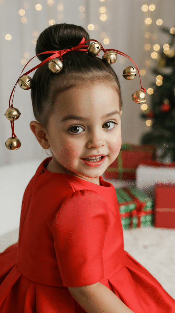27 Best Christmas Hairstyles for Kids That Are Adorable and Festive 12 High Bun with Jingle Bell Accessories