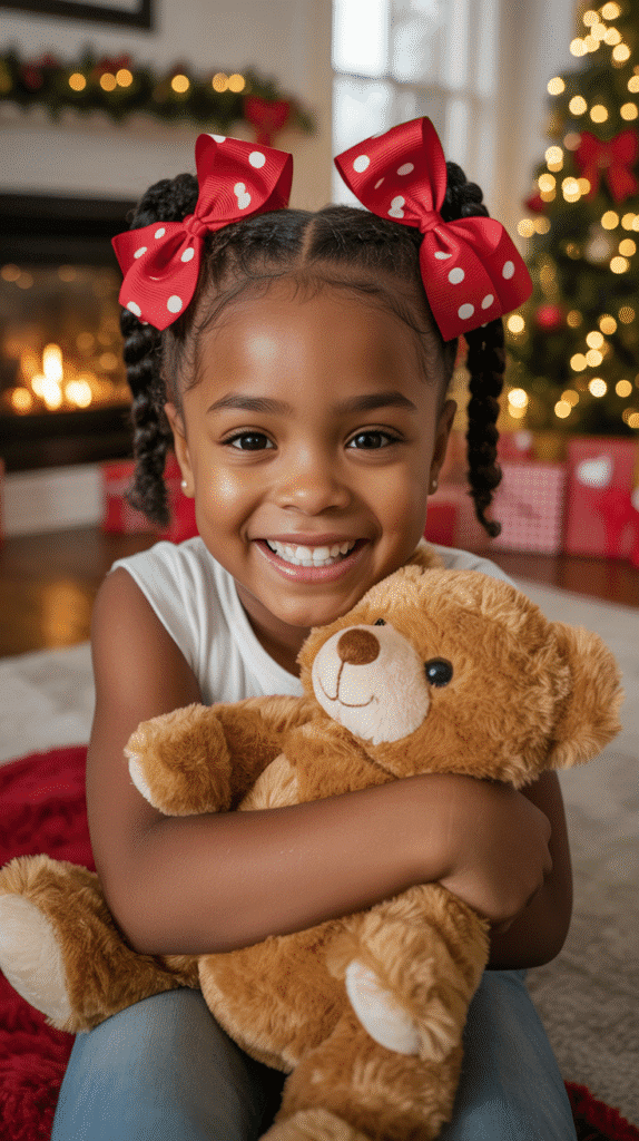 33 Trendy Christmas Hairstyles for Black Kids That Spark Joy 30 Braided Pigtails with Bows