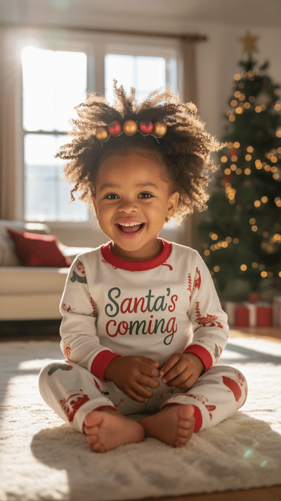 33 Trendy Christmas Hairstyles for Black Kids That Spark Joy 7 Pineapple Updo with Ornaments