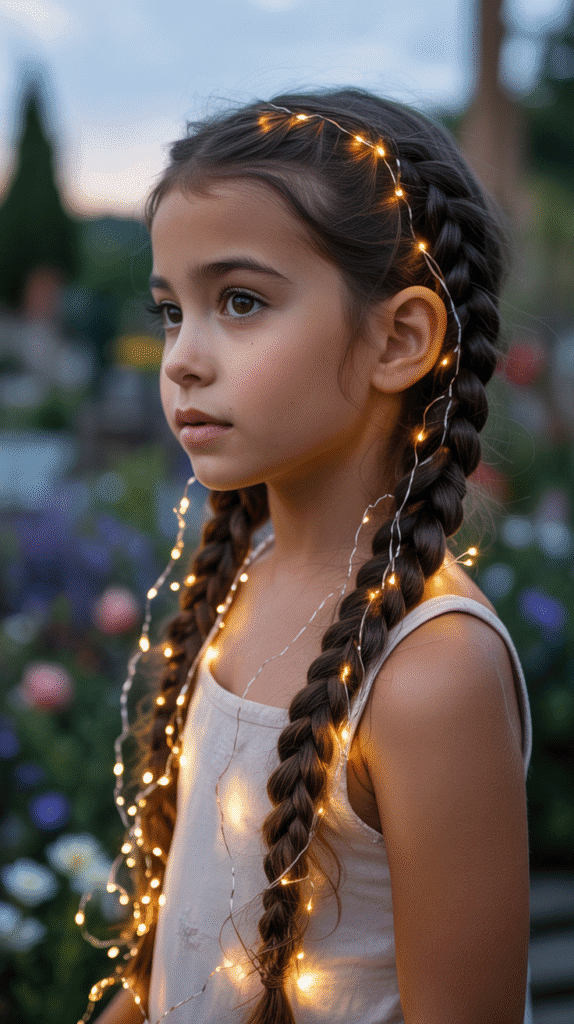 27 Best Christmas Hairstyles for Kids That Are Adorable and Festive 14 Double Dutch Braids with Christmas Lights