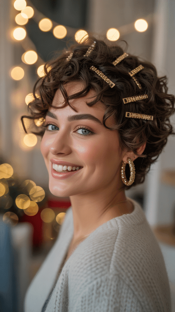30 Latest Christmas Hairstyles for Short Hair That Are Quick and Chic 9 Curly Pixie with Metallic Hair Accessories