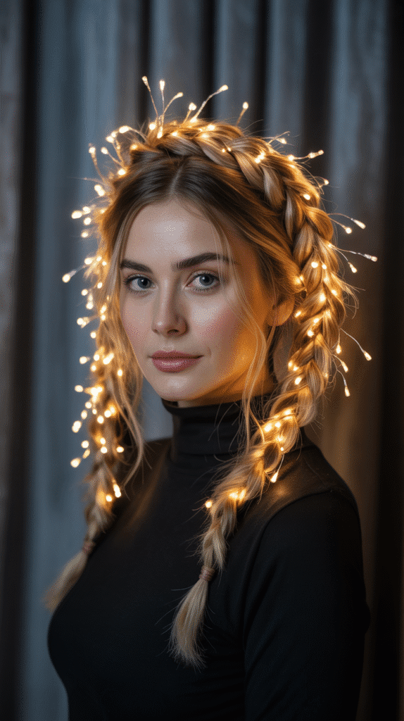 27 Easy Christmas Hairstyles with Braids for a Creative Holiday Look 15 Halo Braid with String Lights