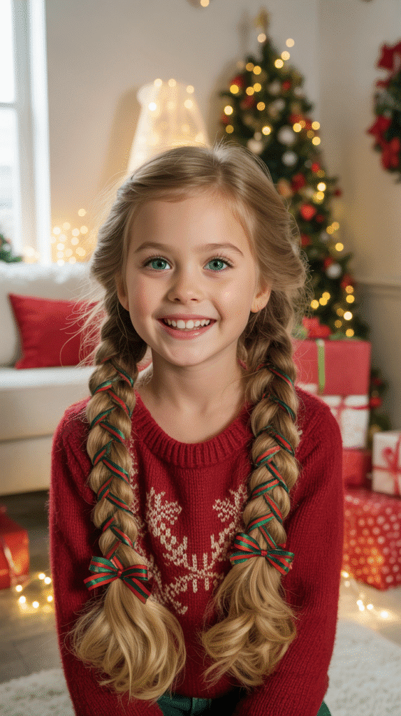 27 Best Christmas Hairstyles for Kids That Are Adorable and Festive 10 Christmas Ribbon Braided Pigtails