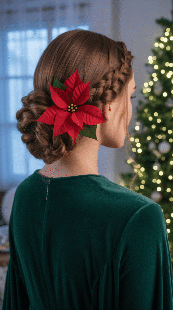 27 Easy Christmas Hairstyles with Braids for a Creative Holiday Look 23 Braided Bun with Poinsettia Clip