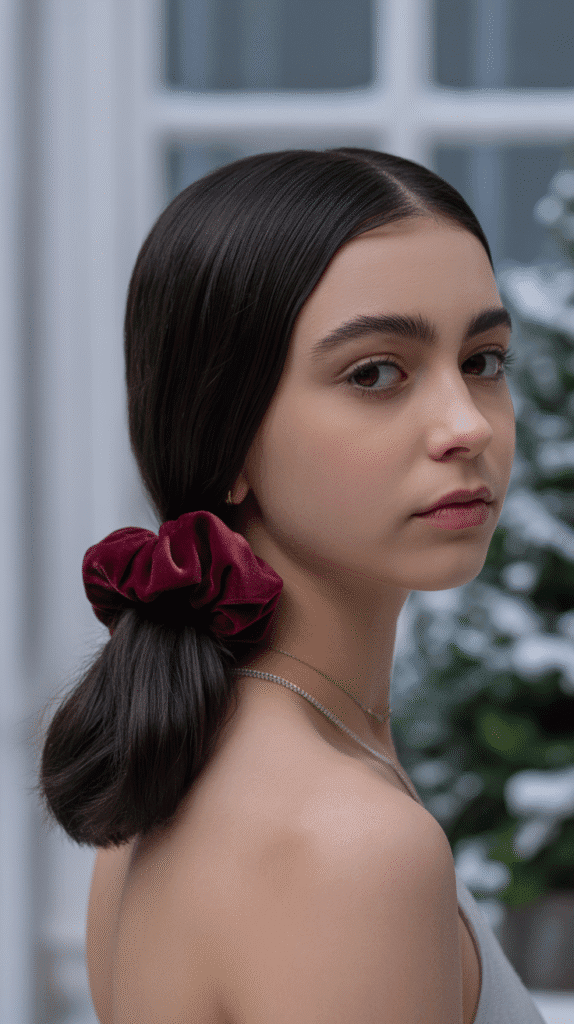 27 Best Christmas Hairstyles for Kids That Are Adorable and Festive 20 Sleek Low Ponytail with Velvet Scrunchie