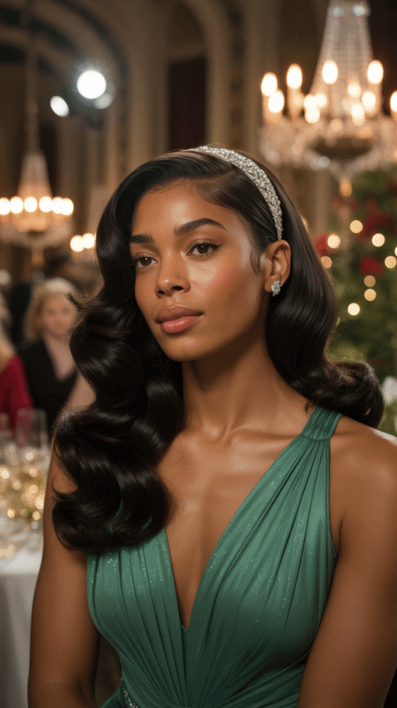 33 Trendy Christmas Hairstyles for Black Women That Slay Every Party 4 Side-Swept Hollywood Waves