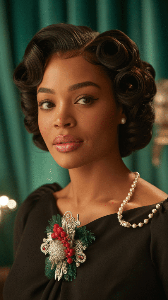 33 Trendy Christmas Hairstyles for Black Women That Slay Every Party 14 Pin Curls with Vintage Christmas Brooch
