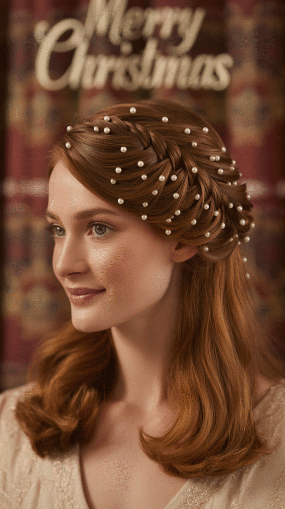 27 Easy Christmas Hairstyles with Braids for a Creative Holiday Look 5 French Braid Updo with Pearl Accessories
