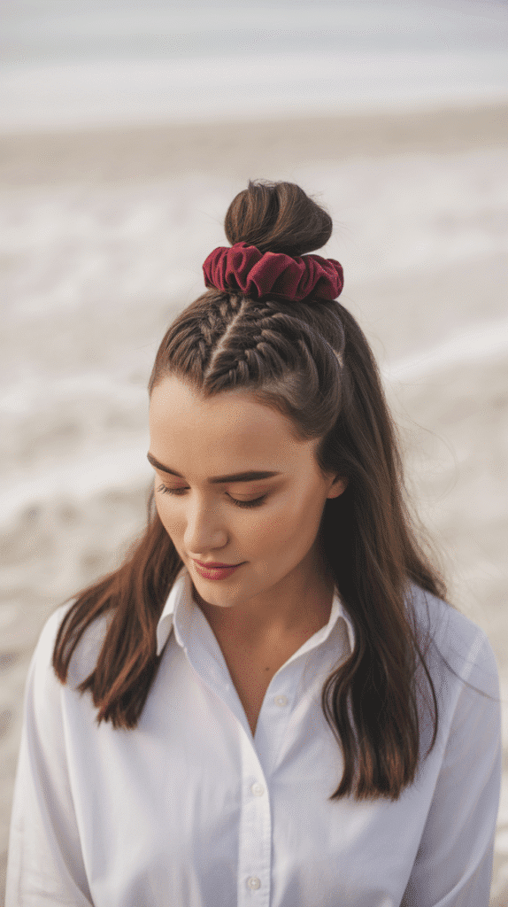 27 Easy Christmas Hairstyles with Braids for a Creative Holiday Look 7 Braided Top Knot with Velvet Scrunchie