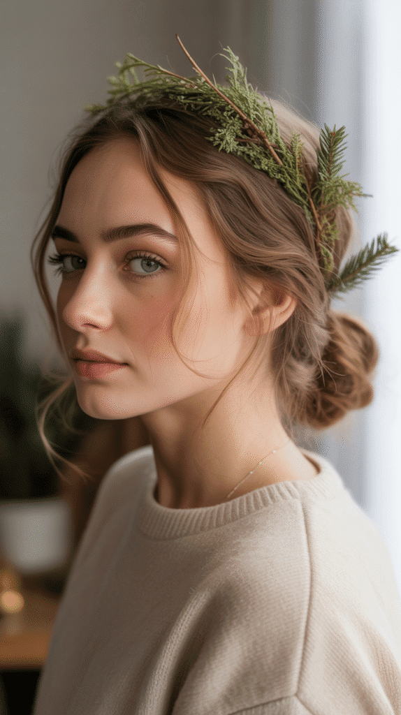 27 Trendy Christmas Hairstyles for Long Hair Perfect for Holiday Glam 20 Messy Low Bun with Greenery Accents