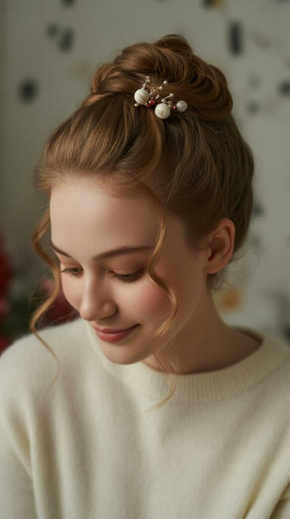 27 Trendy Christmas Hairstyles for Long Hair Perfect for Holiday Glam 23 Half-Up Twisted Bun with Ornament Pins