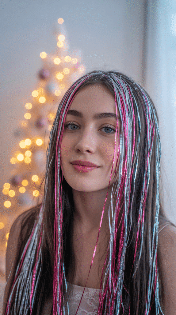30 Easy Christmas Hairstyles for Teens That Are Fun and Trendy 30 Straight Hair with Tinsel Extensions