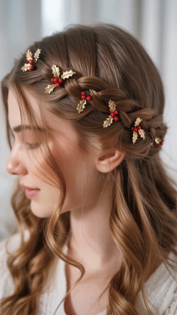 27 Easy Christmas Hairstyles with Braids for a Creative Holiday Look 21 Lace Braid with Holly Leaf Pins