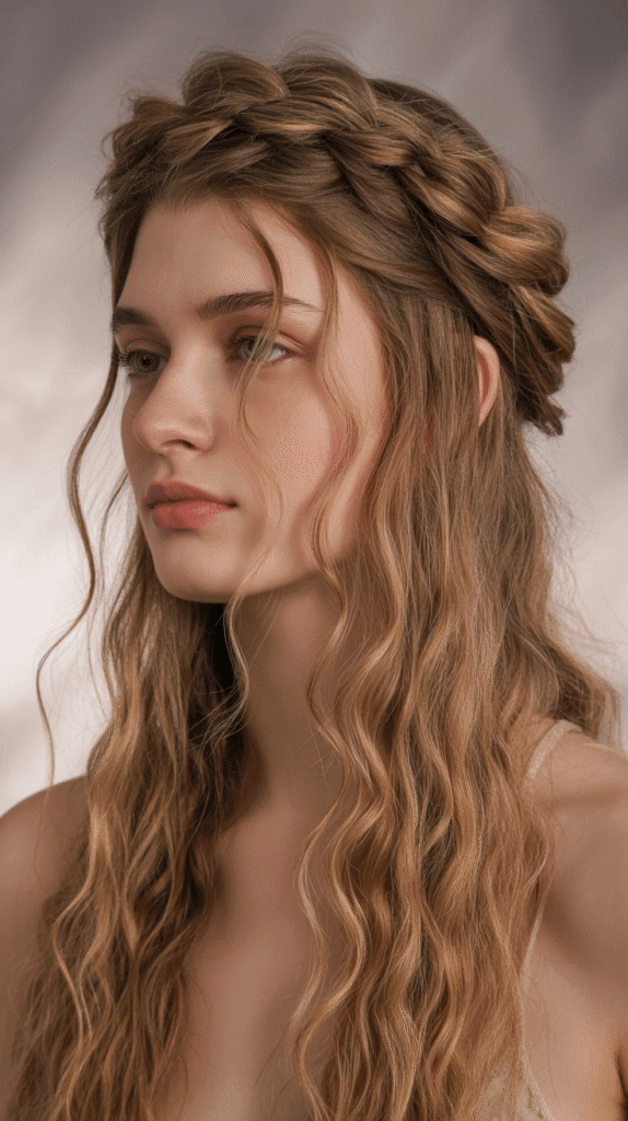 27 Trendy Christmas Hairstyles for Long Hair Perfect for Holiday Glam 16 Twisted Halo with Loose Waves