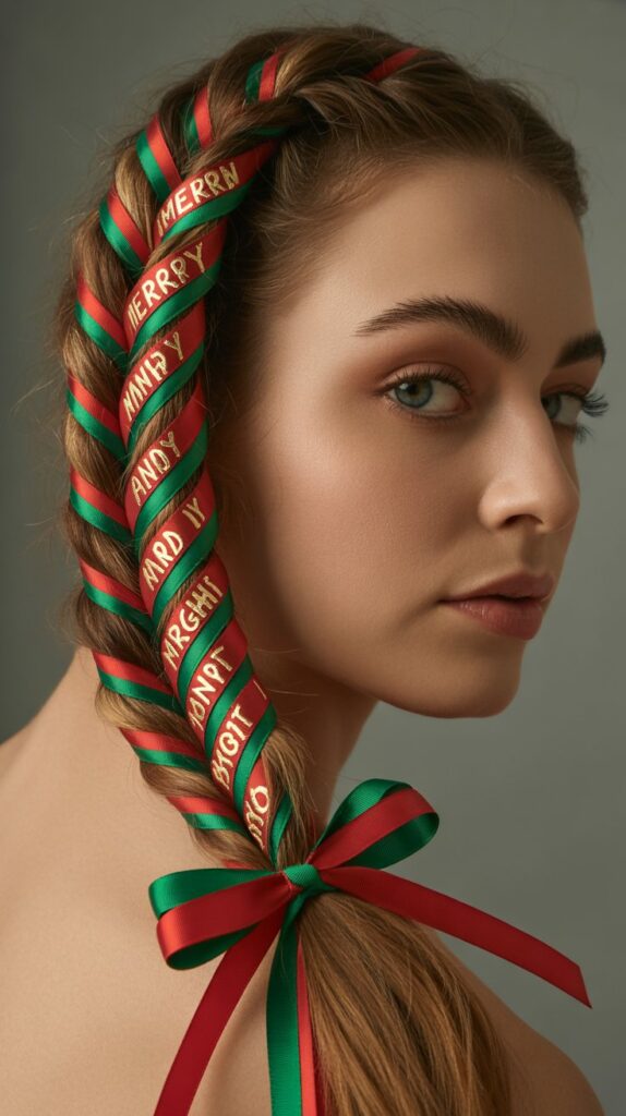 27 Trendy Christmas Hairstyles for Long Hair Perfect for Holiday Glam 19 Braided Ponytail with Ribbon Weave