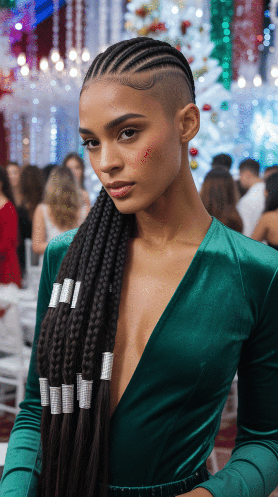 33 Trendy Christmas Hairstyles for Black Women That Slay Every Party 16 French Braid Mohawk with Metallic Cuffs