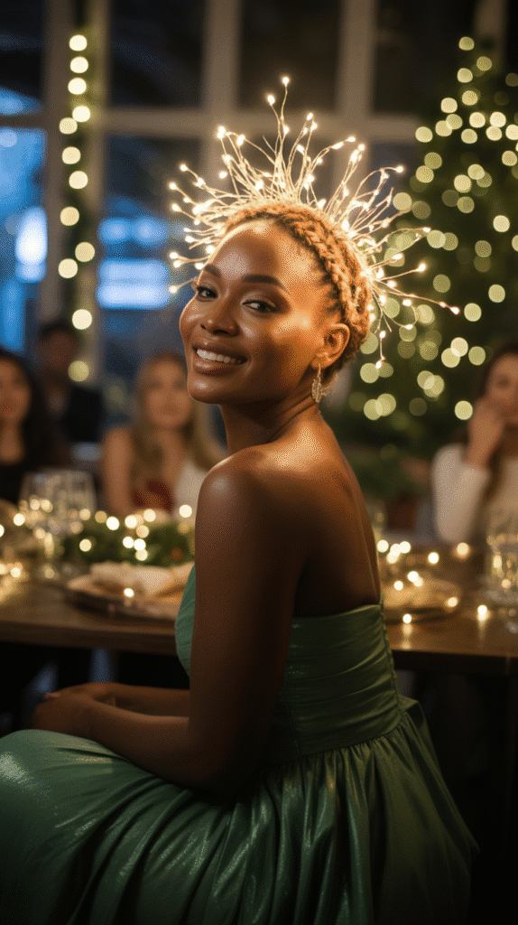 33 Trendy Christmas Hairstyles for Black Women That Slay Every Party 33 Crown Braid Halo with Fairy Lights
