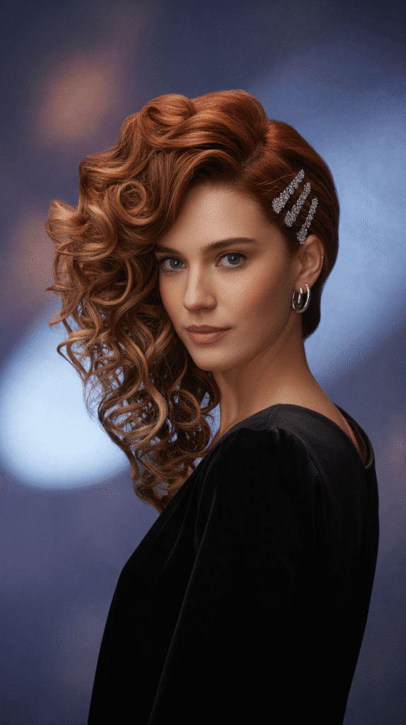 27 Trendy Christmas Hairstyles for Long Hair Perfect for Holiday Glam 14 Side-Swept Curls with Sparkly Clips