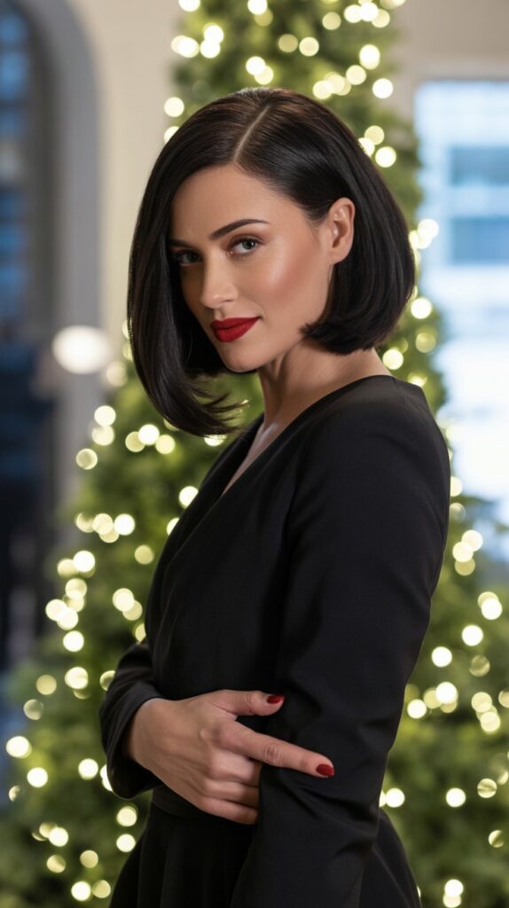 30 Chic Christmas Short Hairstyles That Are Cute and Easy 3 Sleek Straight Lob with Deep Side Part