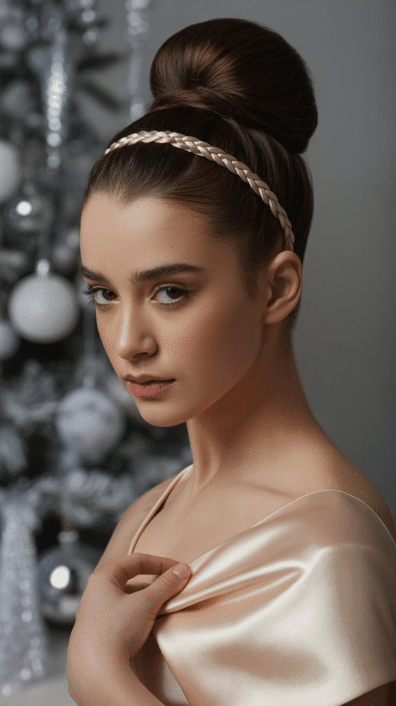 30 Best Christmas Hairstyles for Women to Shine This Holiday Season 22 High Bun with Braided Wrap