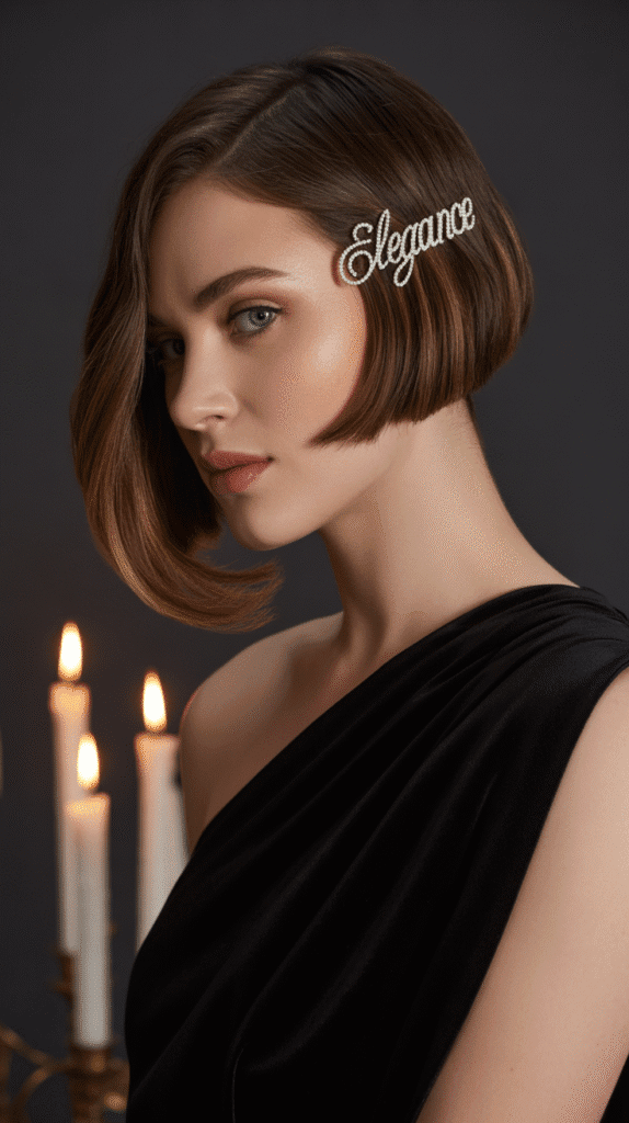 30 Latest Christmas Hairstyles for Short Hair That Are Quick and Chic 10 Asymmetrical Bob with Jeweled Side Pin