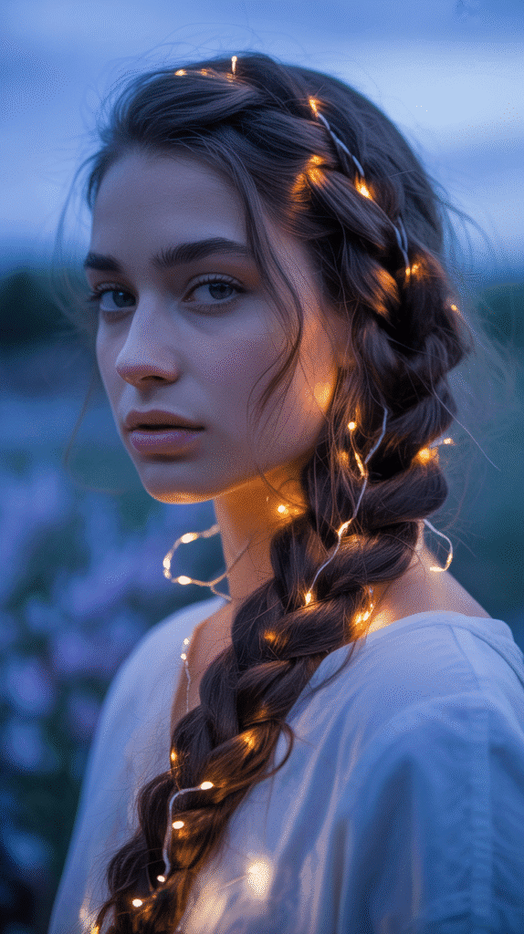 27 Best Christmas Hairstyles for Kids That Are Adorable and Festive 24 French Braid with Woven Lights