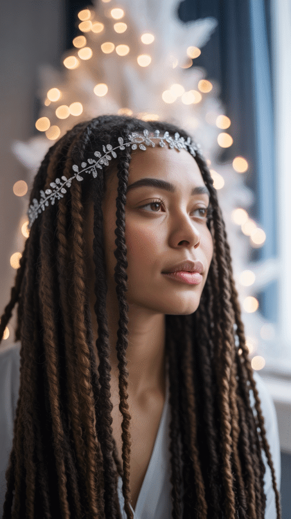 33 Trendy Christmas Hairstyles for Black Women That Slay Every Party 17 Goddess Locs with Crystal Hair Vine