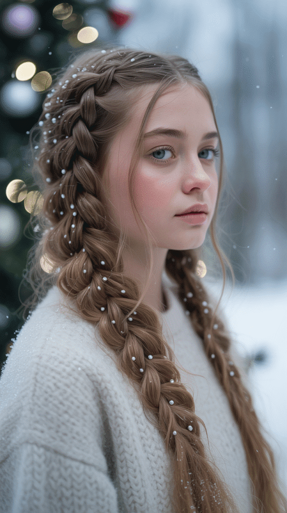 30 Easy Christmas Hairstyles for Teens That Are Fun and Trendy 15 Waterfall Braid with Silver Beads