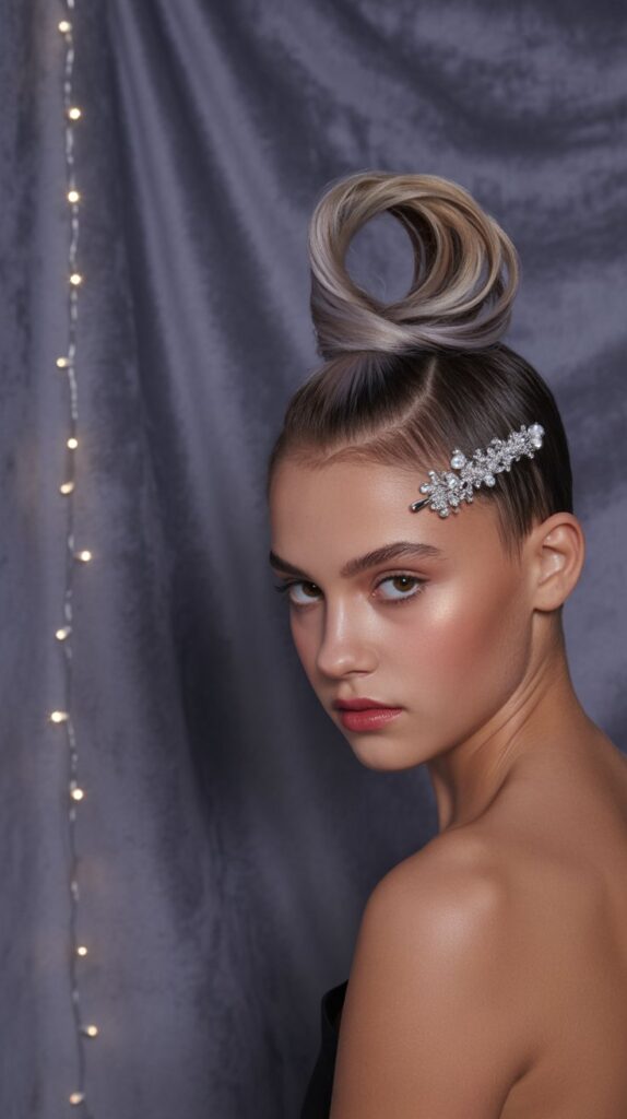 30 Easy Christmas Hairstyles for Teens That Are Fun and Trendy 23 Asymmetrical Updo with Ornament Barrette
