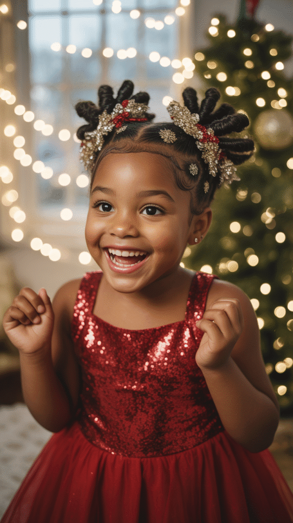 33 Trendy Christmas Hairstyles for Black Kids That Spark Joy 5 Bantu Knots with Glitter