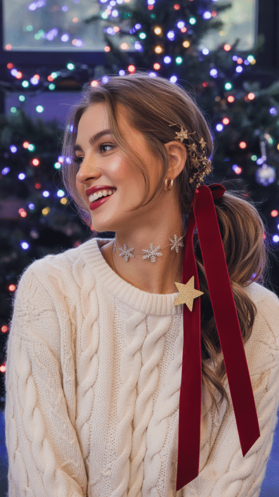 33 Best Christmas Hairstyles for Medium Length Hair That Wow 19 Accessorized Low Ponytail