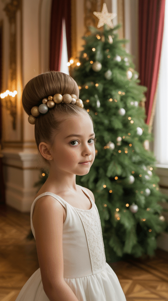 27 Best Christmas Hairstyles for Kids That Are Adorable and Festive 17 Top Knot with Ornament Hair Pins