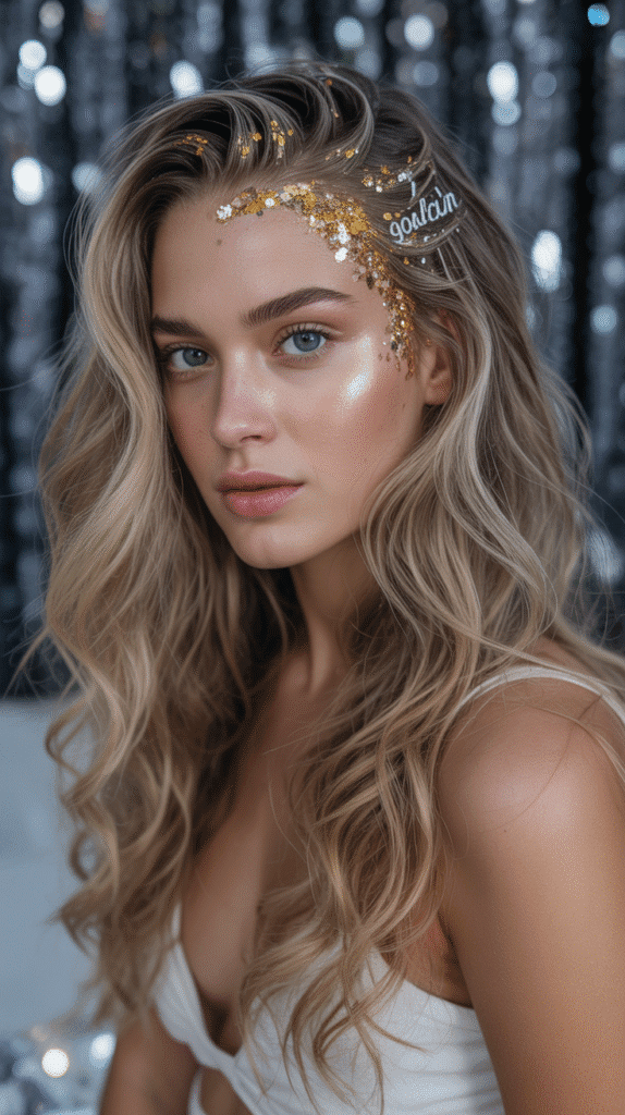 27 Trendy Christmas Hairstyles for Long Hair Perfect for Holiday Glam 7 Mermaid Waves with Glitter Roots