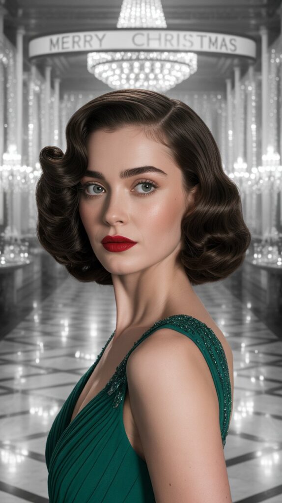 30 Chic Christmas Short Hairstyles That Are Cute and Easy 8 Pin Curl Bob with Red Lip