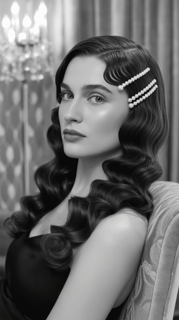 27 Trendy Christmas Hairstyles for Long Hair Perfect for Holiday Glam 8 Vintage Finger Waves with Pearl Accessories